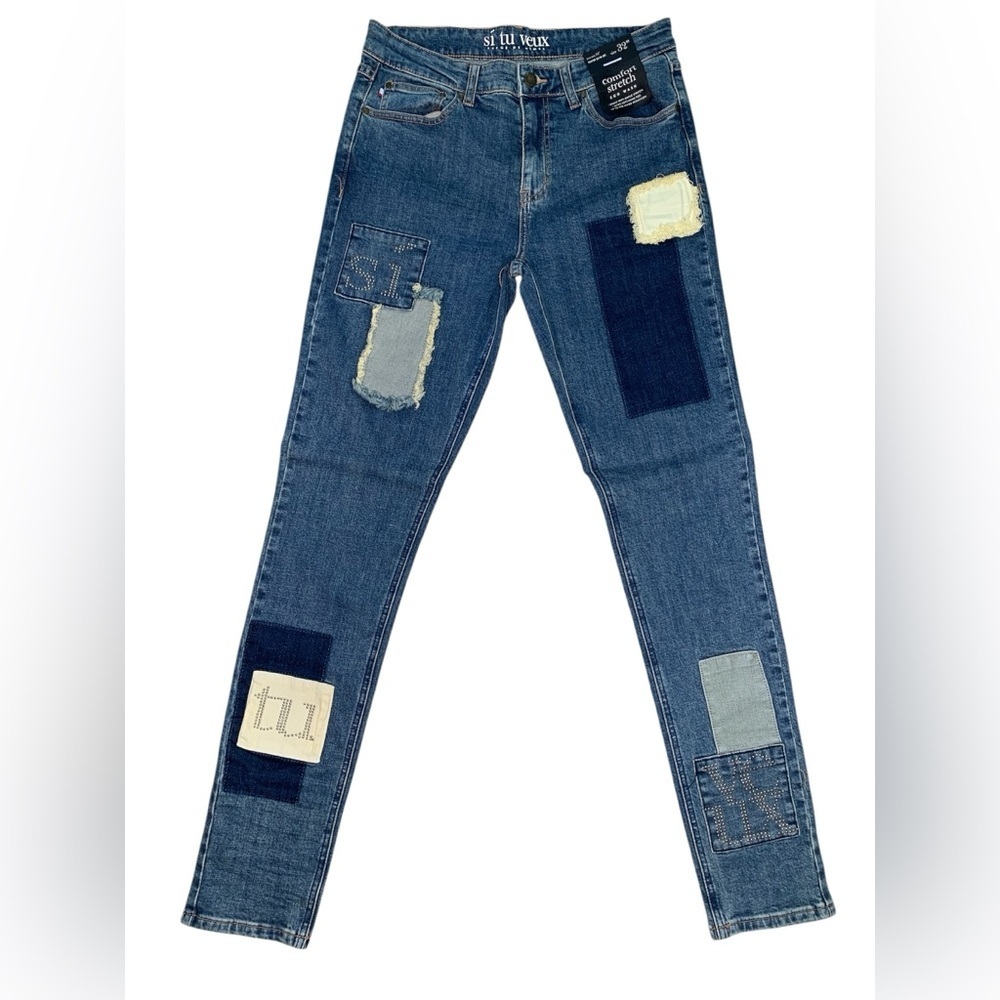 Sz 32 Men's Denim Patchwork Skinny Jeans